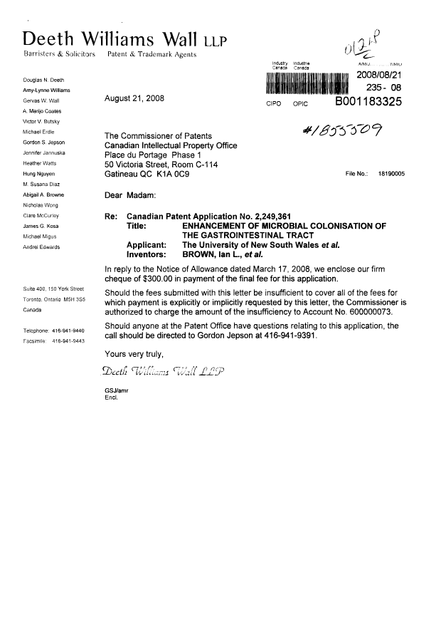 Canadian Patent Document 2249361. Correspondence 20080821. Image 1 of 1