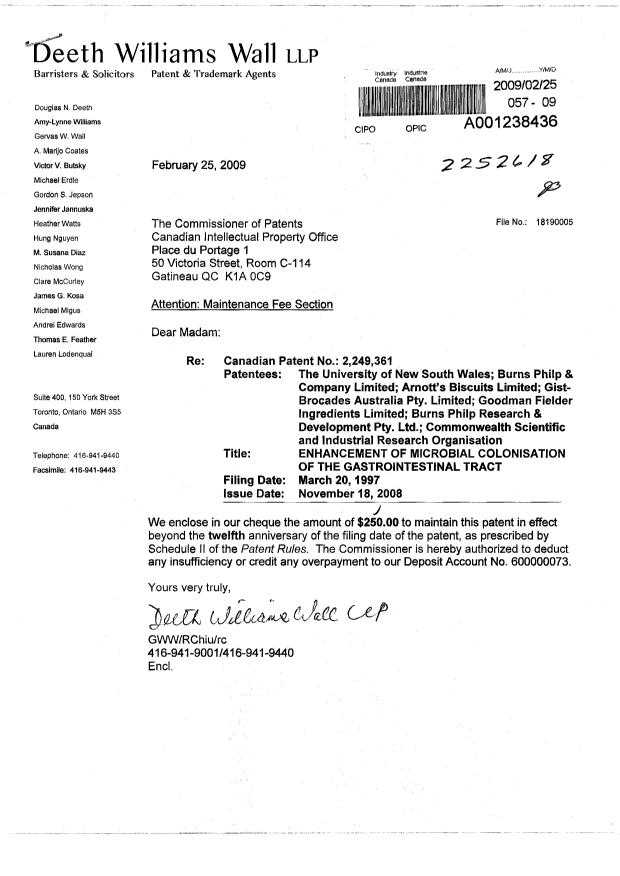 Document de brevet canadien 2249361. Taxes 20090225. Image 1 de 1
