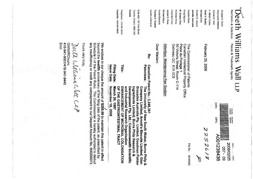 Canadian Patent Document 2249361. Fees 20090225. Image 1 of 1