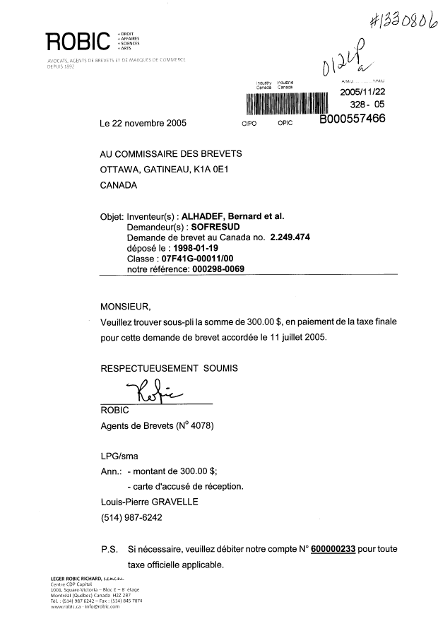 Document de brevet canadien 2249474. Correspondance 20051122. Image 1 de 1