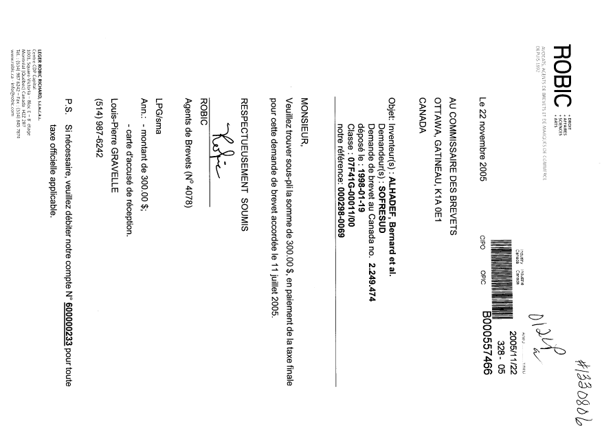 Canadian Patent Document 2249474. Correspondence 20051122. Image 1 of 1