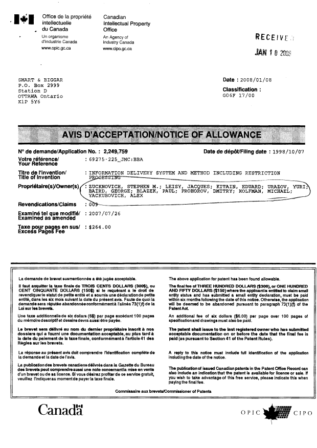 Document de brevet canadien 2249759. Poursuite-Amendment 20080114. Image 2 de 2