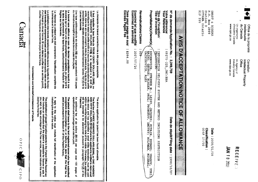Canadian Patent Document 2249759. Prosecution-Amendment 20080114. Image 2 of 2