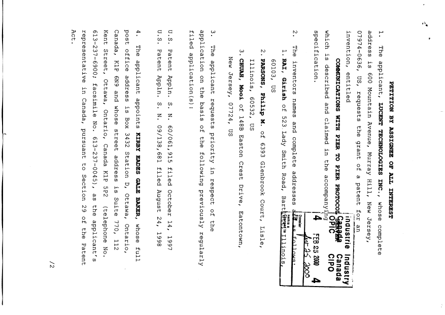 Document de brevet canadien 2249837. Cession 19981008. Image 1 de 5