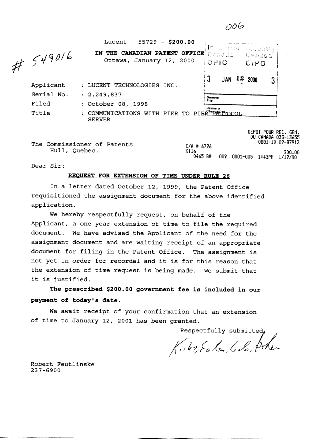 Document de brevet canadien 2249837. Correspondance 20000112. Image 1 de 1