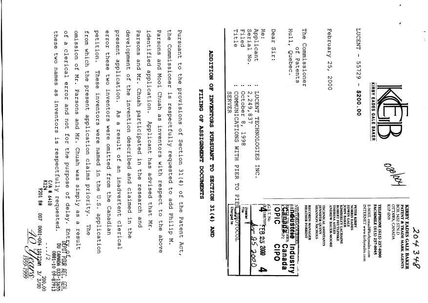 Document de brevet canadien 2249837. Cession 20000225. Image 1 de 15