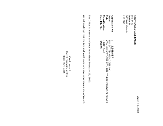 Document de brevet canadien 2249837. Correspondance 20000331. Image 1 de 1