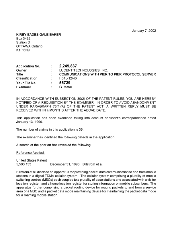 Canadian Patent Document 2249837. Prosecution-Amendment 20020107. Image 1 of 2