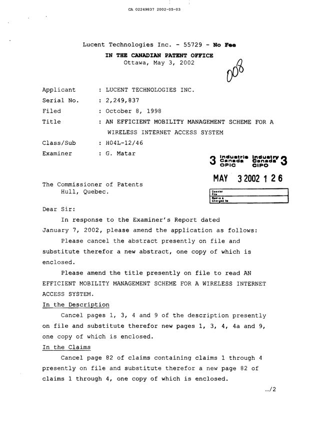 Canadian Patent Document 2249837. Prosecution-Amendment 20020503. Image 1 of 11