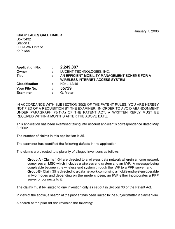 Document de brevet canadien 2249837. Poursuite-Amendment 20030107. Image 1 de 2