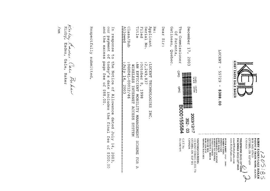 Canadian Patent Document 2249837. Correspondence 20031217. Image 1 of 1