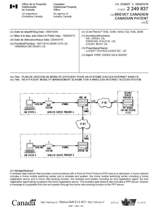 Document de brevet canadien 2249837. Page couverture 20040213. Image 1 de 1