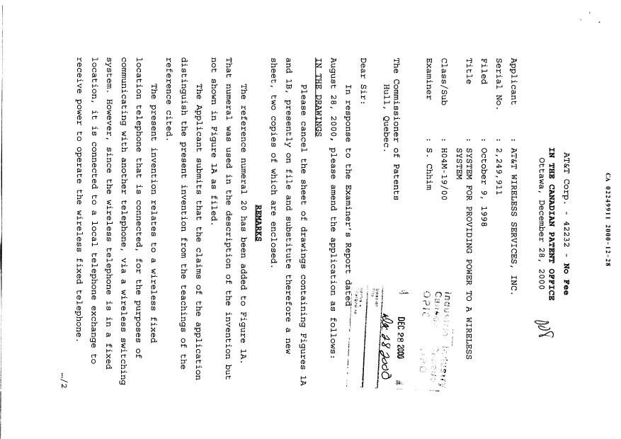 Canadian Patent Document 2249911. Prosecution-Amendment 20001228. Image 1 of 4