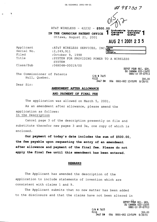 Canadian Patent Document 2249911. Prosecution-Amendment 20010821. Image 1 of 4