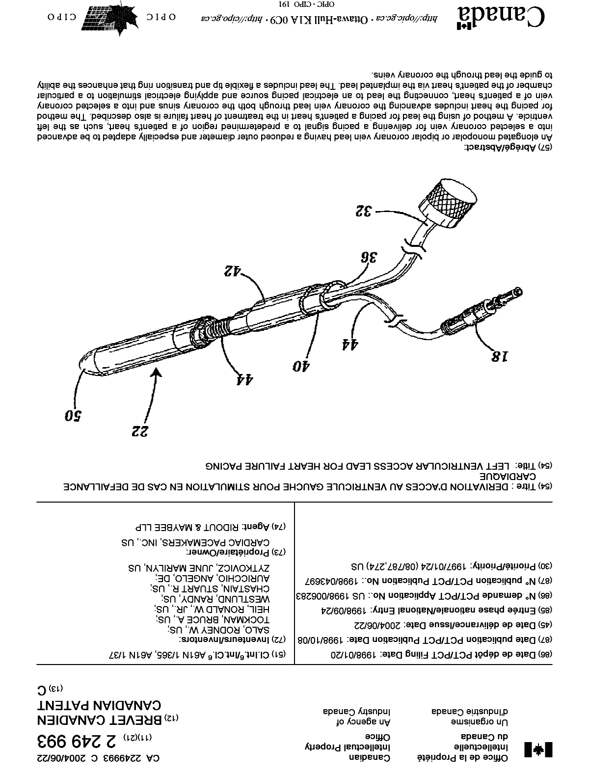 Canadian Patent Document 2249993. Cover Page 20040518. Image 1 of 1