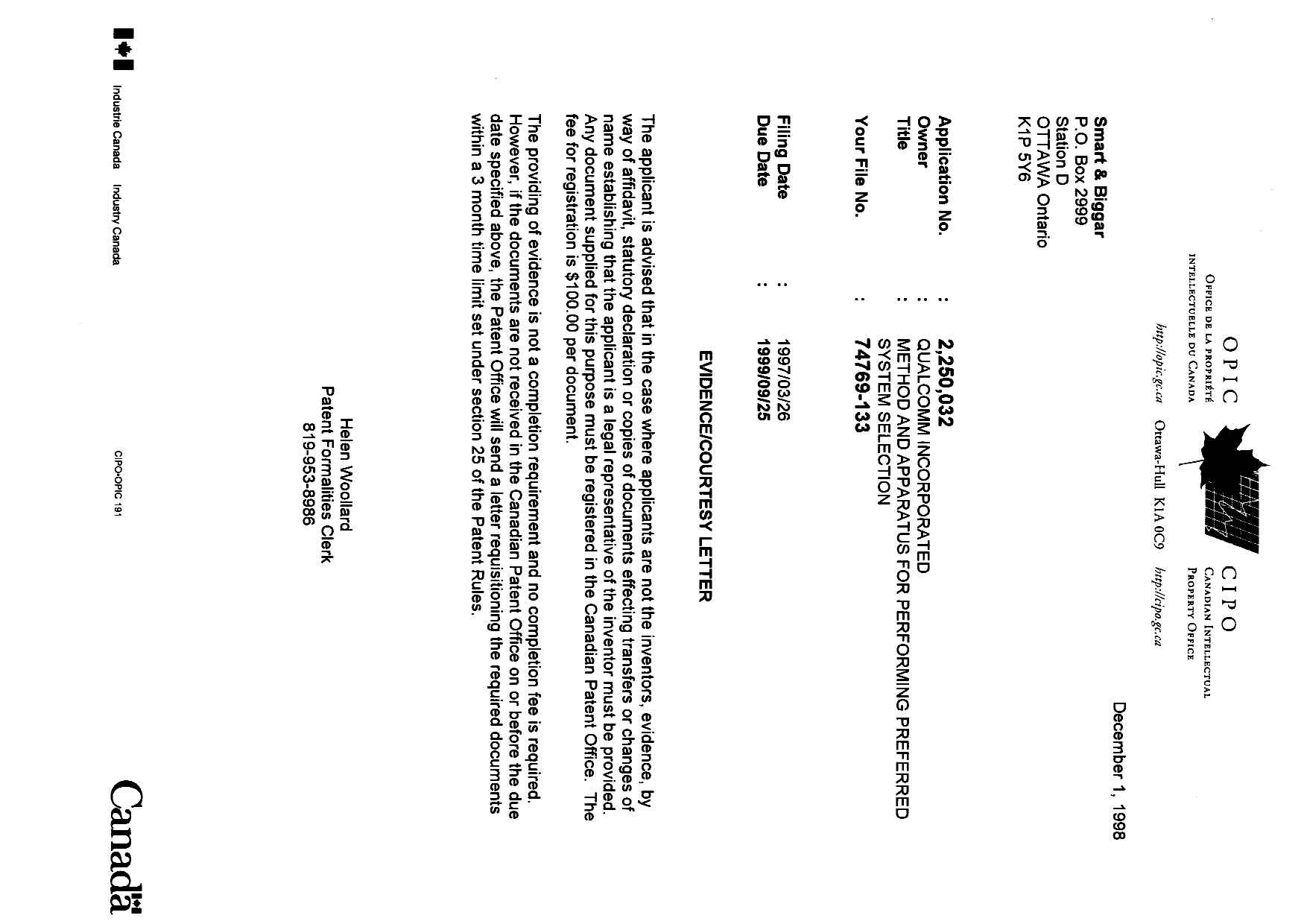Canadian Patent Document 2250032. Correspondence 19981130. Image 1 of 1