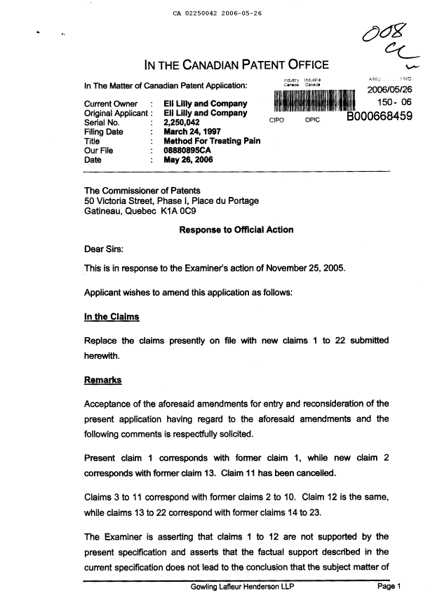 Canadian Patent Document 2250042. Prosecution-Amendment 20060526. Image 1 of 10