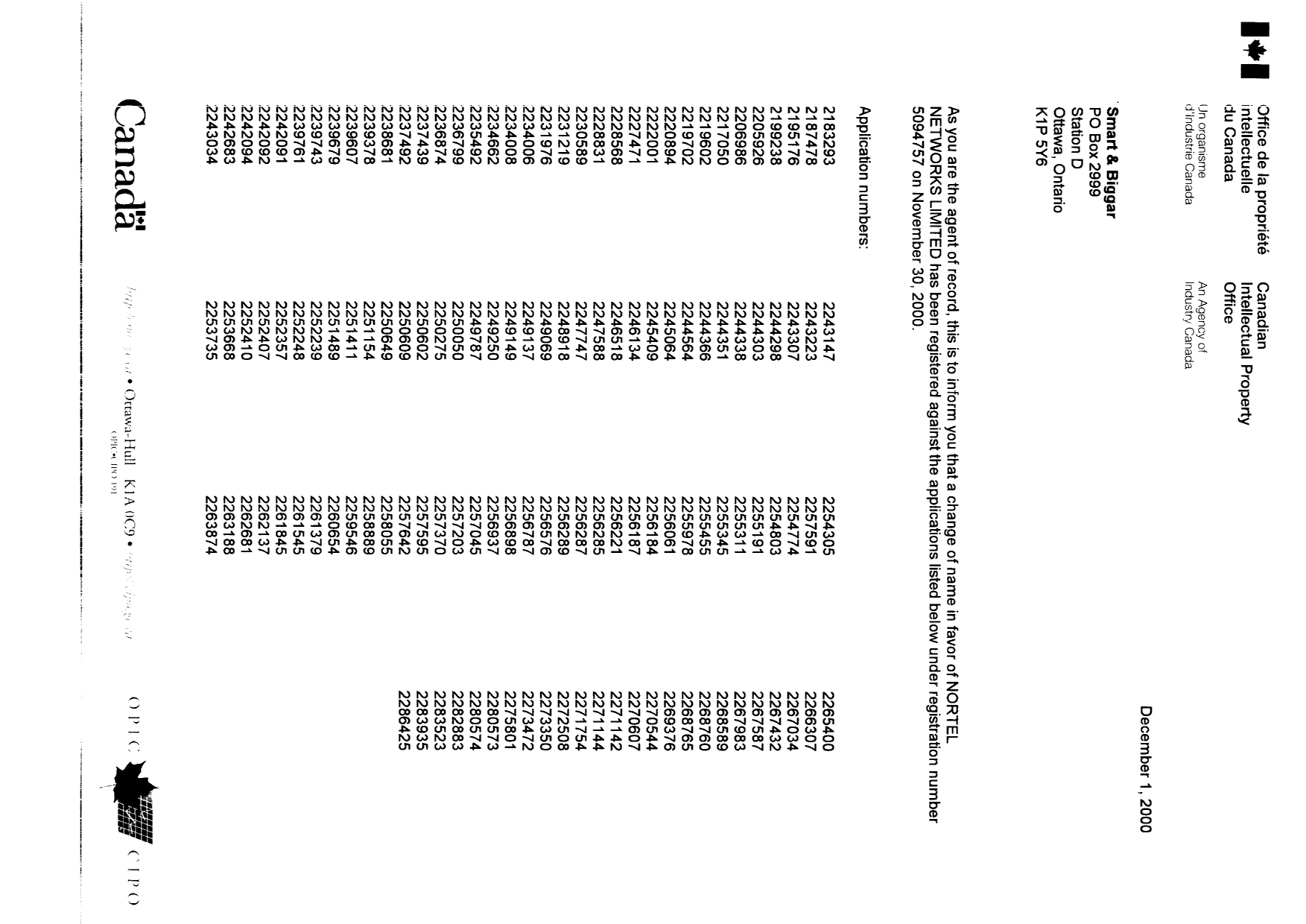 Document de brevet canadien 2250275. Correspondance 19991201. Image 1 de 2