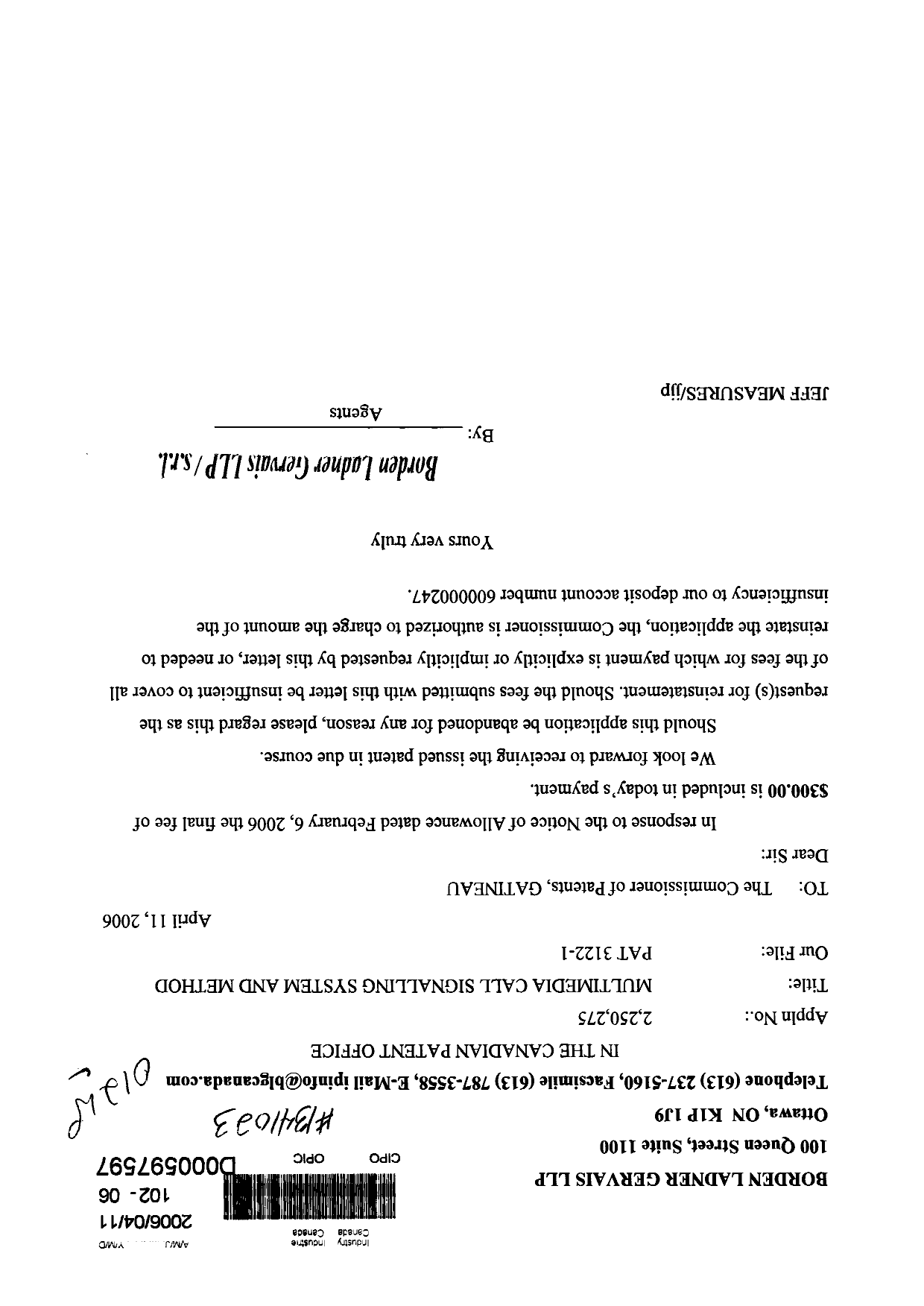 Document de brevet canadien 2250275. Correspondance 20051211. Image 1 de 1