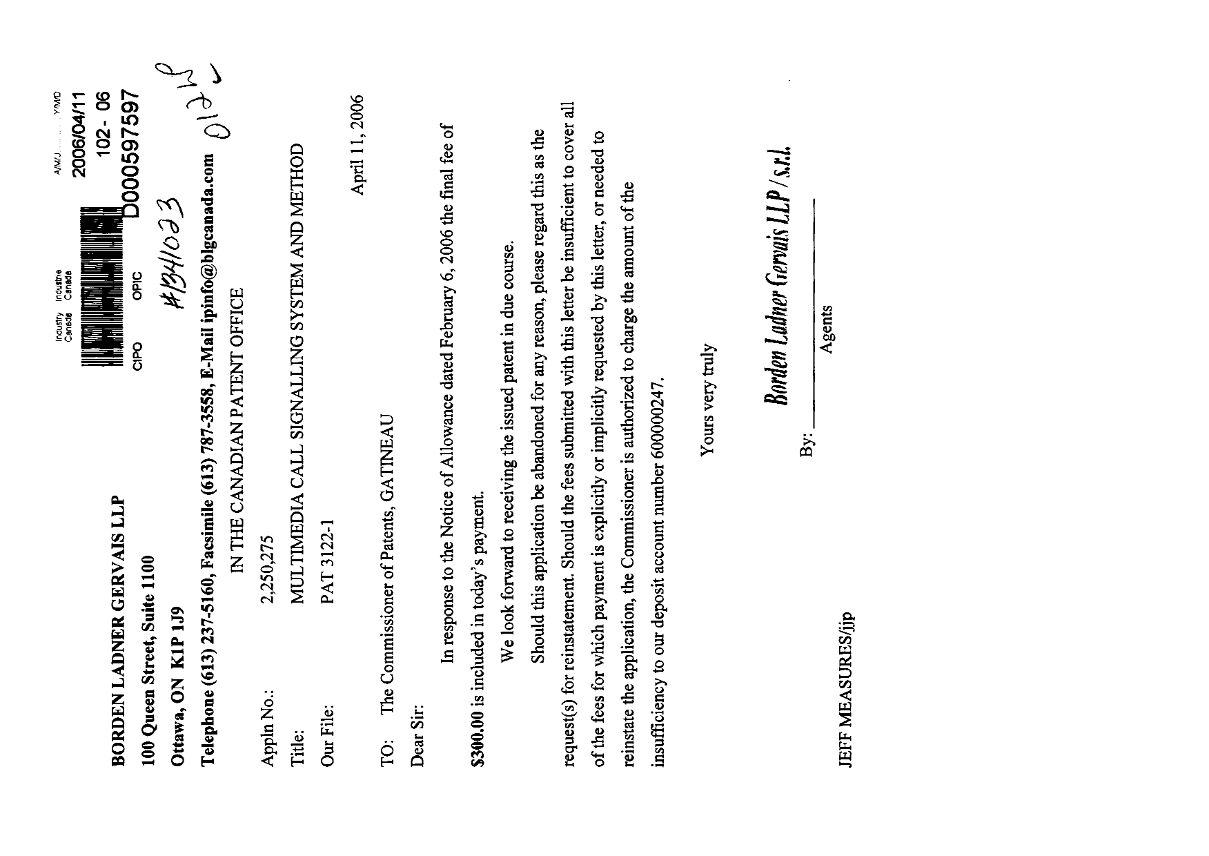 Canadian Patent Document 2250275. Correspondence 20051211. Image 1 of 1