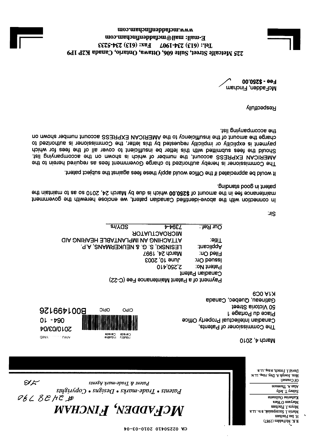 Canadian Patent Document 2250410. Fees 20091204. Image 1 of 1