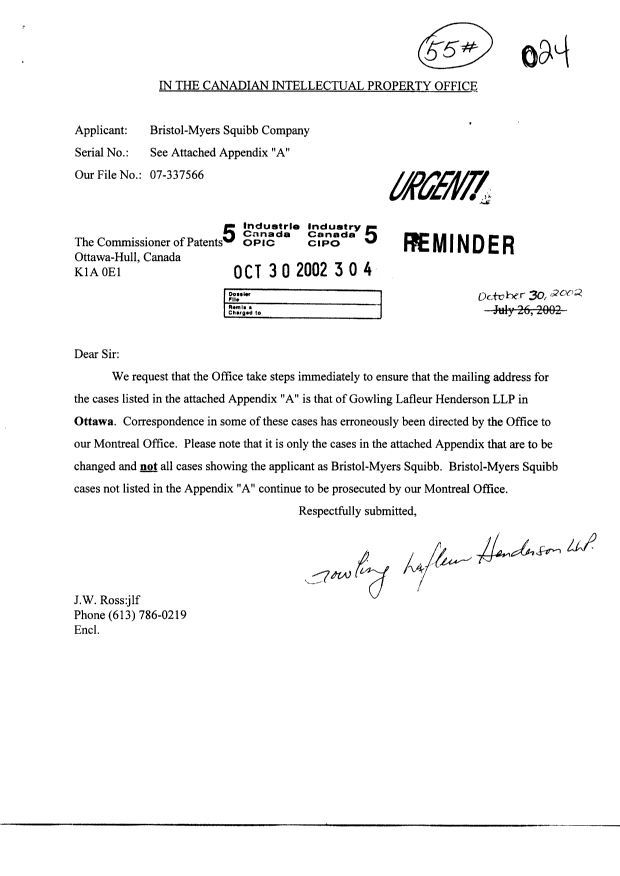 Canadian Patent Document 2250446. Correspondence 20021030. Image 1 of 3