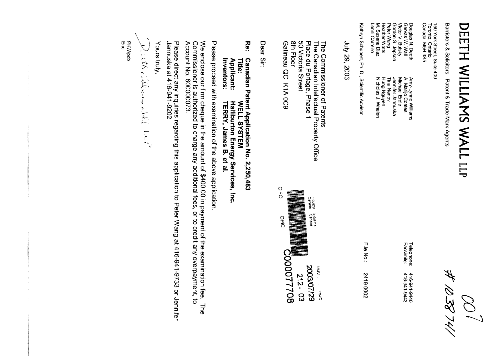 Canadian Patent Document 2250483. Prosecution-Amendment 20030729. Image 1 of 1