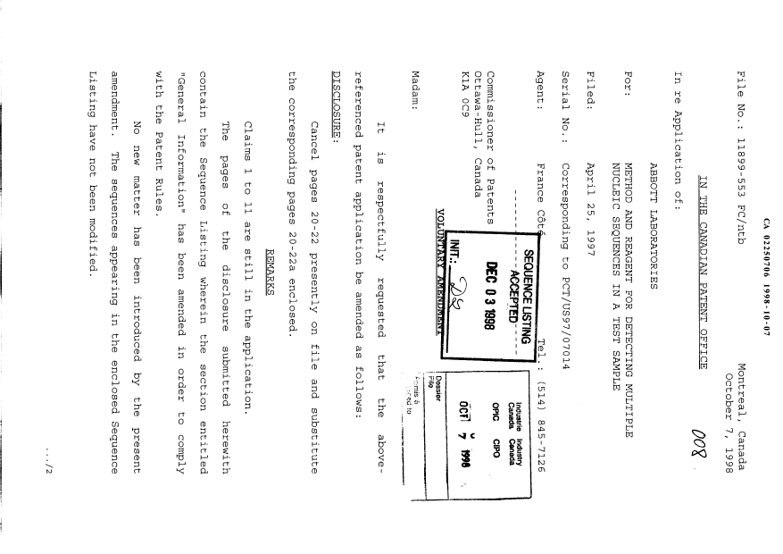 Document de brevet canadien 2250706. Poursuite-Amendment 19981007. Image 1 de 7