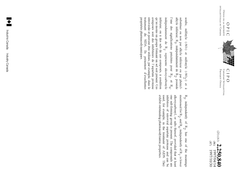 Document de brevet canadien 2250840. Page couverture 19981212. Image 2 de 2