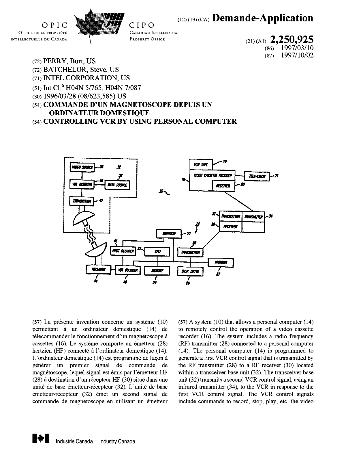Canadian Patent Document 2250925. Cover Page 19990112. Image 1 of 2