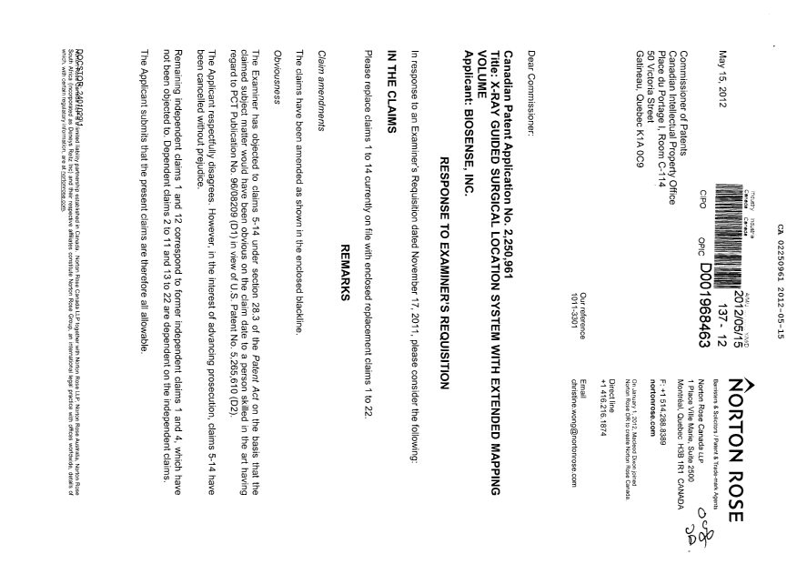 Document de brevet canadien 2250961. Poursuite-Amendment 20120515. Image 1 de 11