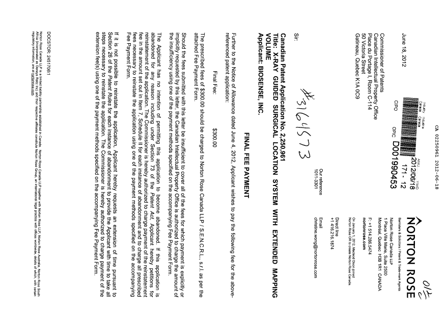 Document de brevet canadien 2250961. Correspondance 20120618. Image 1 de 2