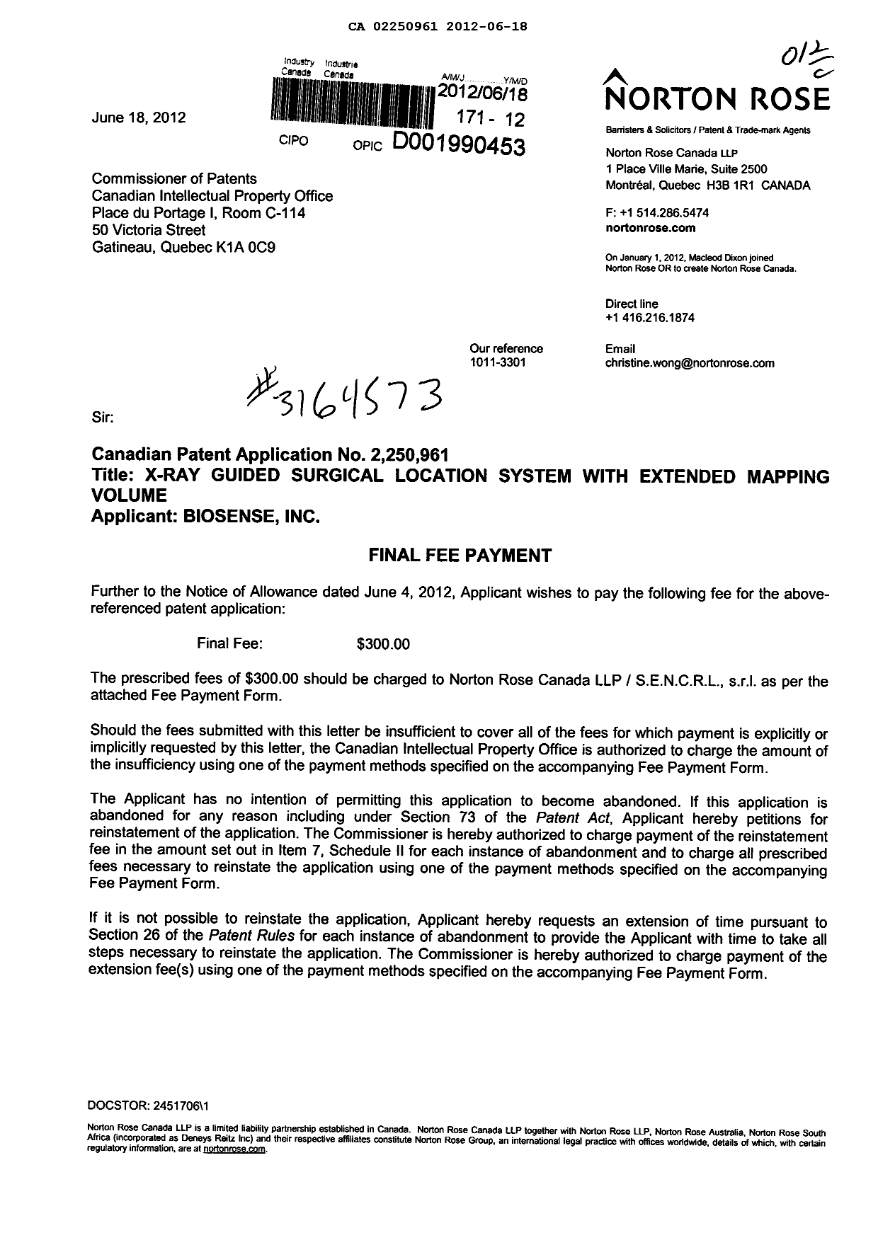 Canadian Patent Document 2250961. Correspondence 20120618. Image 1 of 2