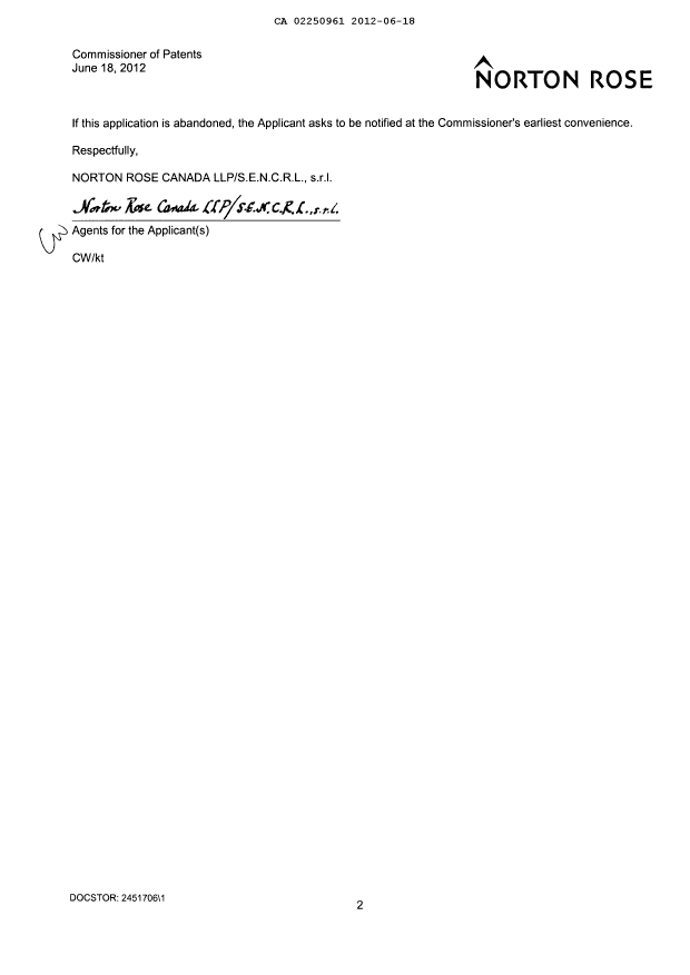 Document de brevet canadien 2250961. Correspondance 20120618. Image 2 de 2