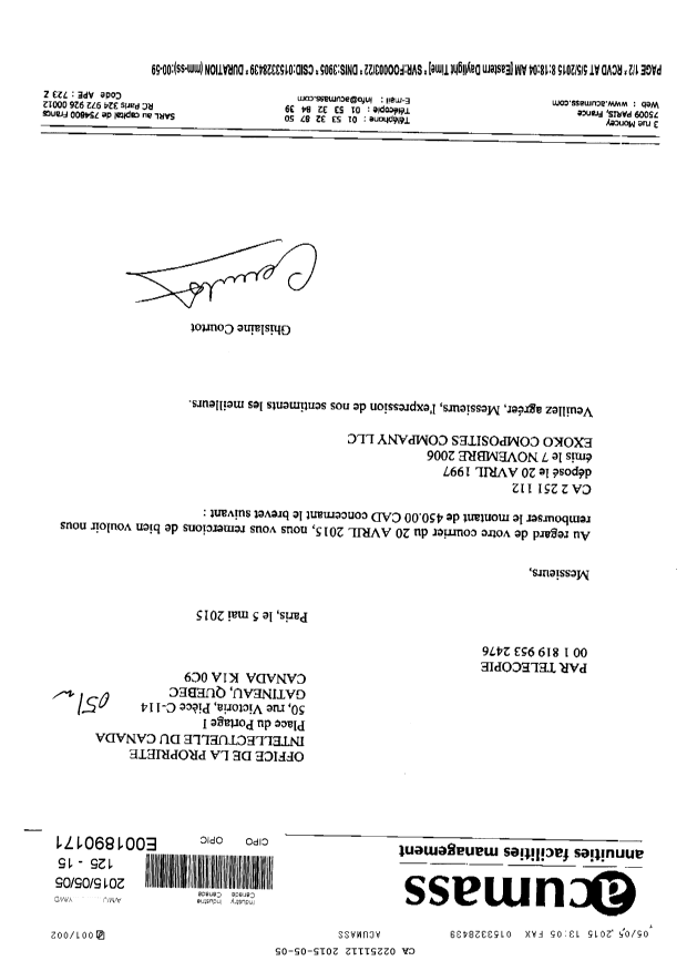 Canadian Patent Document 2251112. Correspondence 20150505. Image 1 of 2