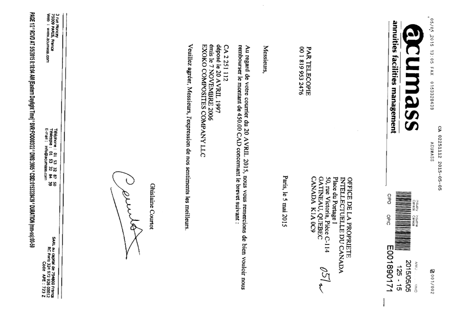 Document de brevet canadien 2251112. Correspondance 20150505. Image 1 de 2
