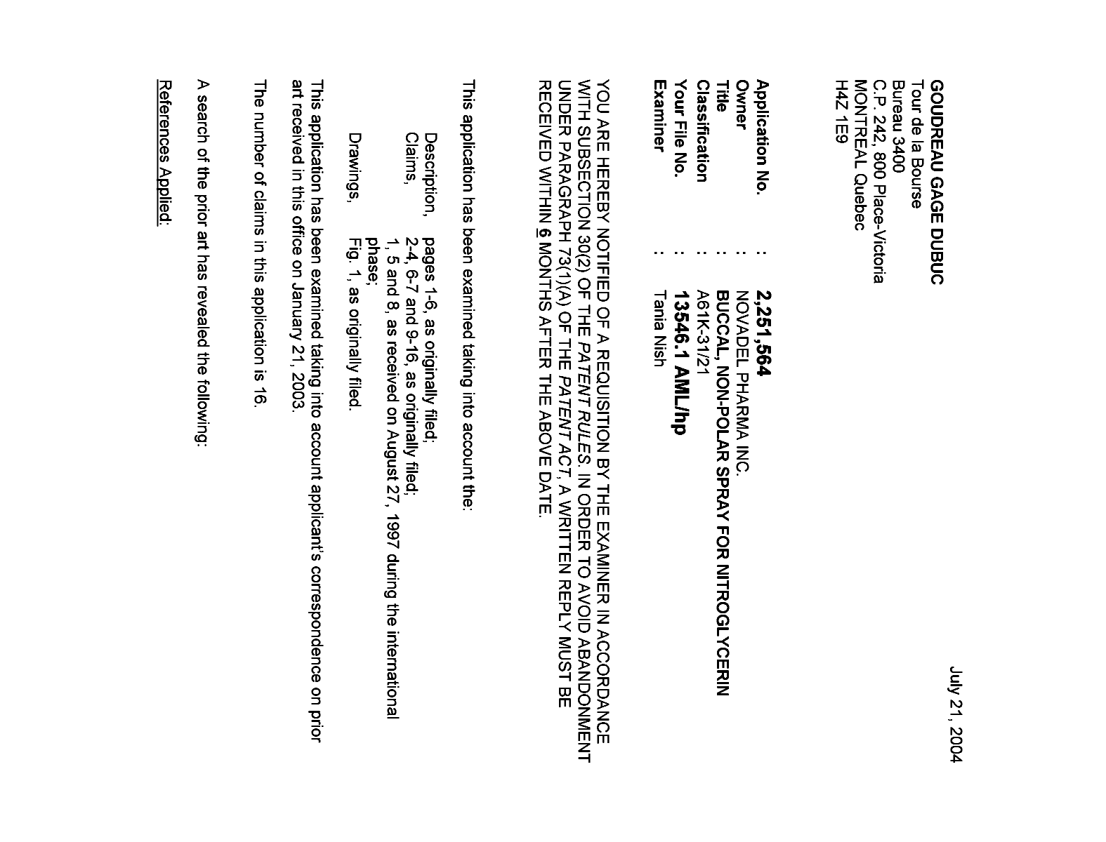 Canadian Patent Document 2251564. Prosecution-Amendment 20040721. Image 1 of 3