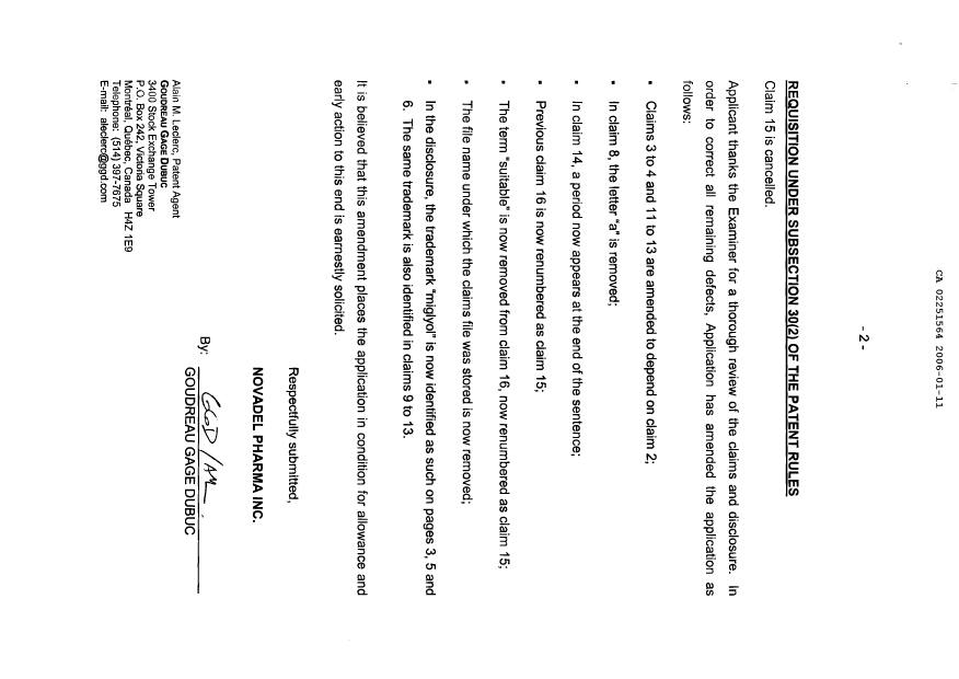 Canadian Patent Document 2251564. Prosecution-Amendment 20060111. Image 2 of 7