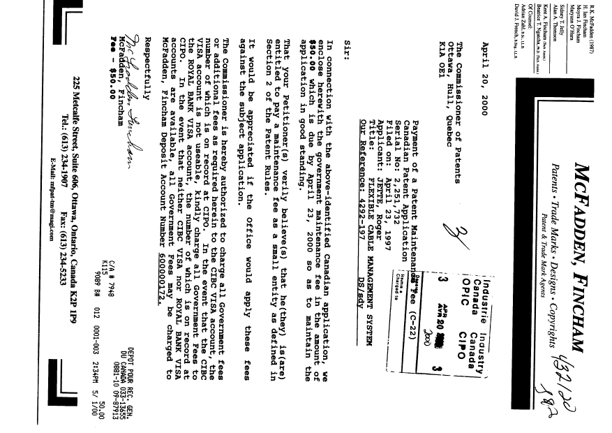 Document de brevet canadien 2251732. Taxes 20000420. Image 1 de 1