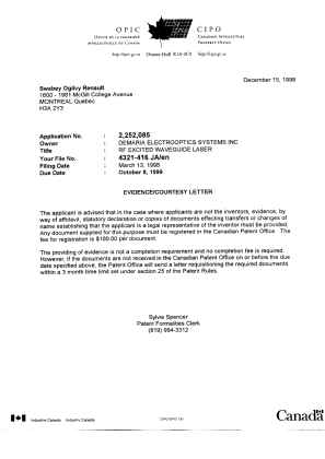 Document de brevet canadien 2252085. Correspondance 19981215. Image 1 de 1
