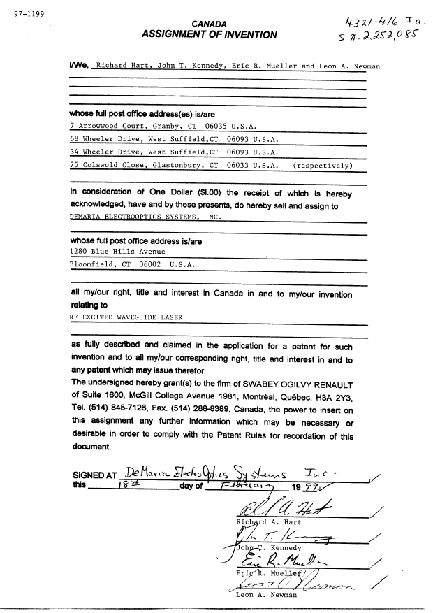 Document de brevet canadien 2252085. Cession 19990224. Image 2 de 3