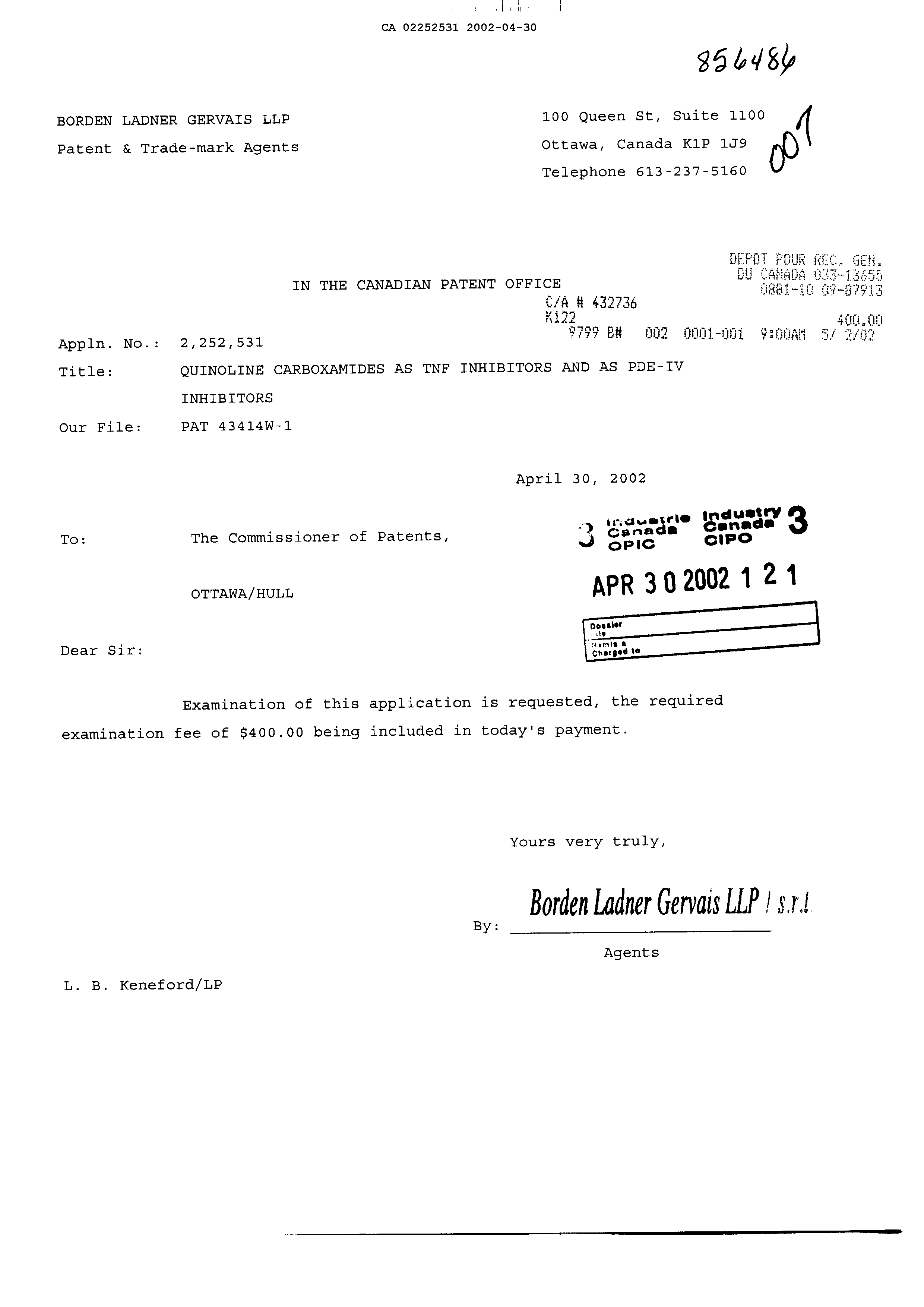 Document de brevet canadien 2252531. Poursuite-Amendment 20011230. Image 1 de 1