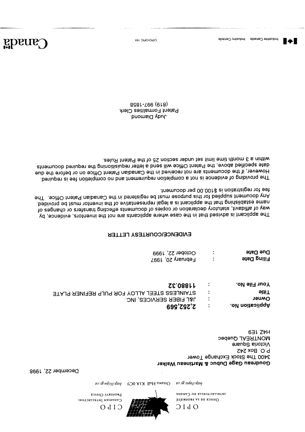 Canadian Patent Document 2252569. Correspondence 19981221. Image 1 of 1