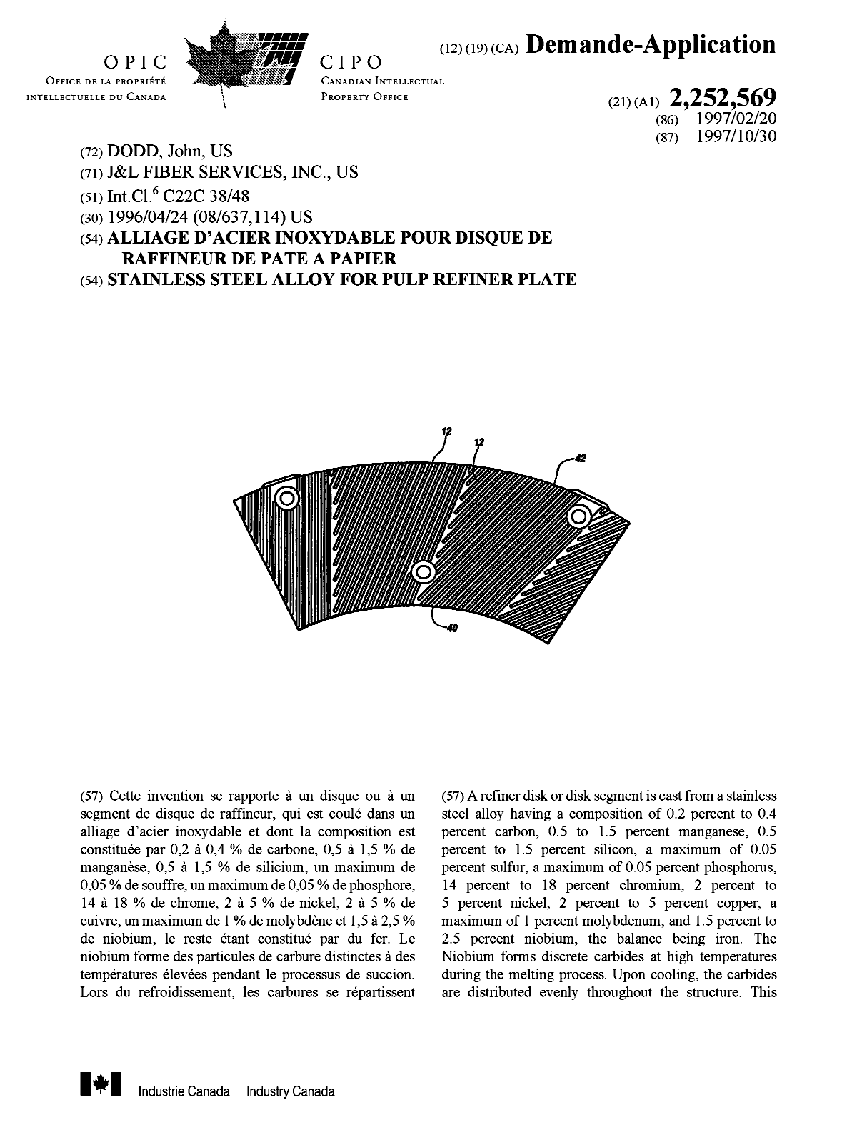 Document de brevet canadien 2252569. Page couverture 19990113. Image 1 de 2