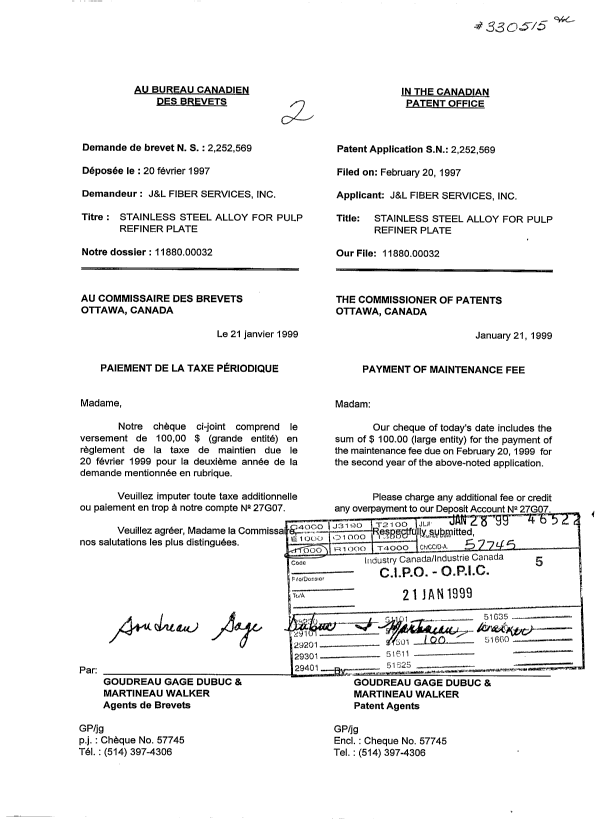 Document de brevet canadien 2252569. Taxes 19990121. Image 1 de 1