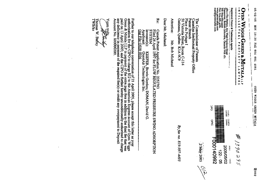 Document de brevet canadien 2252763. Correspondance 20050502. Image 1 de 1