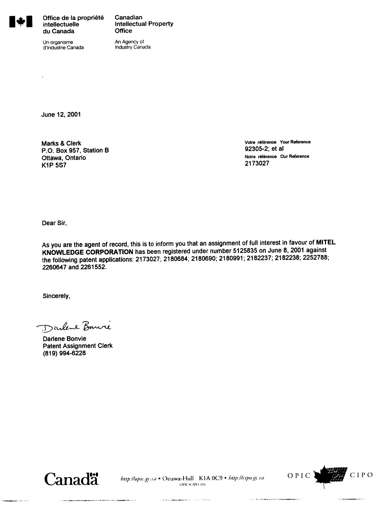 Document de brevet canadien 2252788. Correspondance 20010612. Image 1 de 1