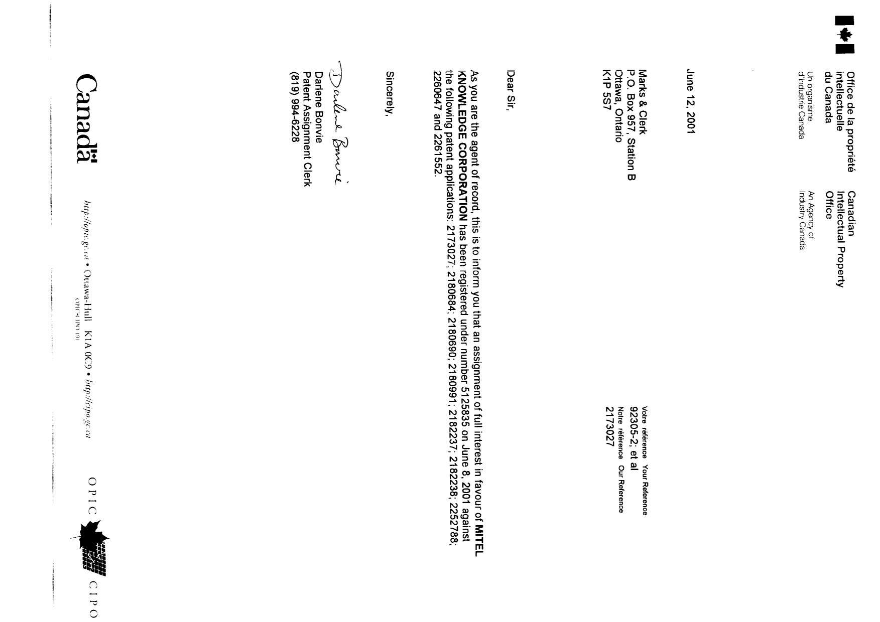 Canadian Patent Document 2252788. Correspondence 20010612. Image 1 of 1
