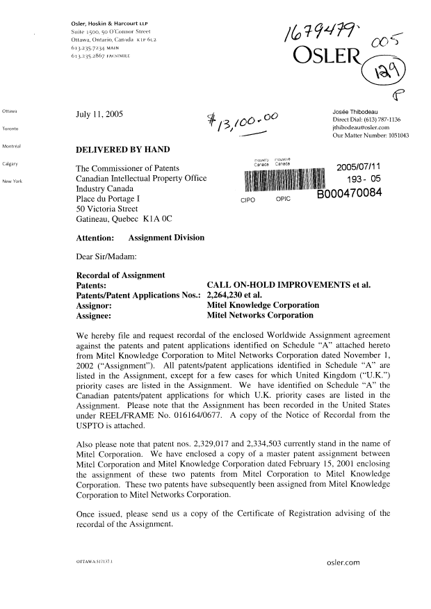 Document de brevet canadien 2252788. Cession 20050711. Image 1 de 70
