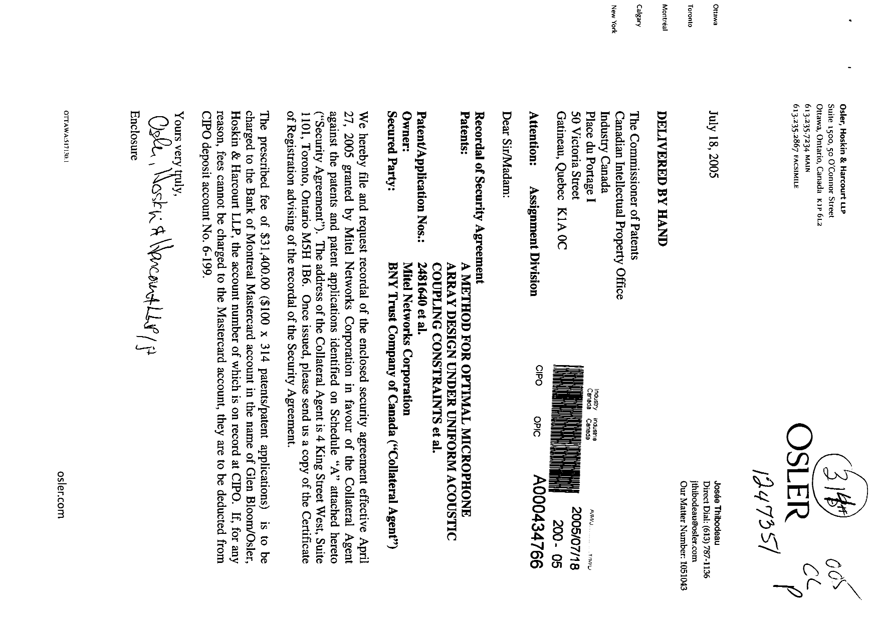 Canadian Patent Document 2252788. Assignment 20050718. Image 1 of 42